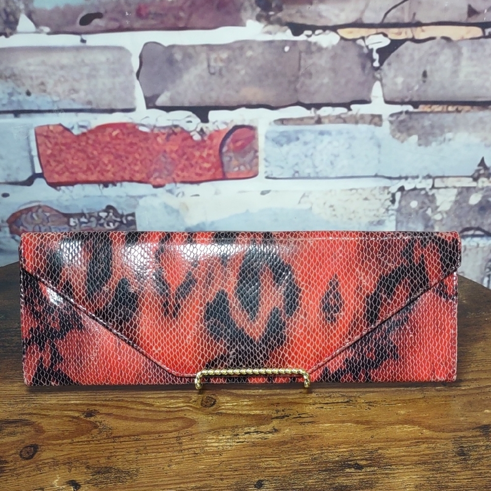 Snake Embossed Leather Envelope Clutch Bag